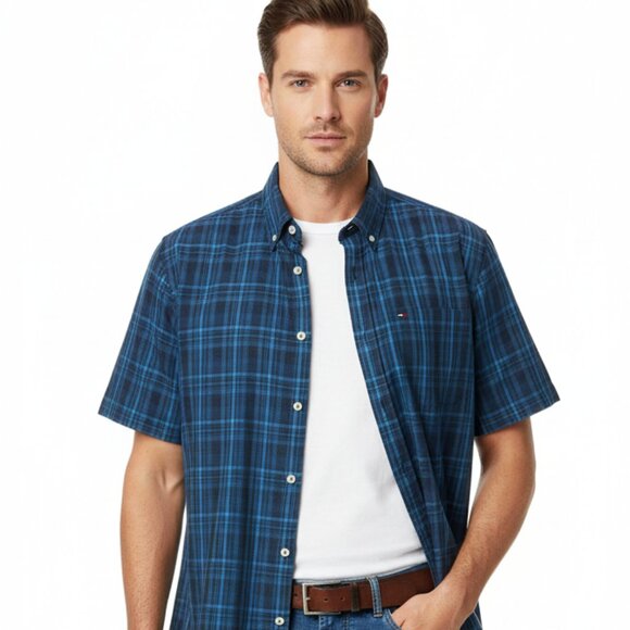 Tommy Hilfiger Men's XXL Blue & Gray Plaid Short Sleeve Button-Down 100% Cotton - Picture 3 of 7